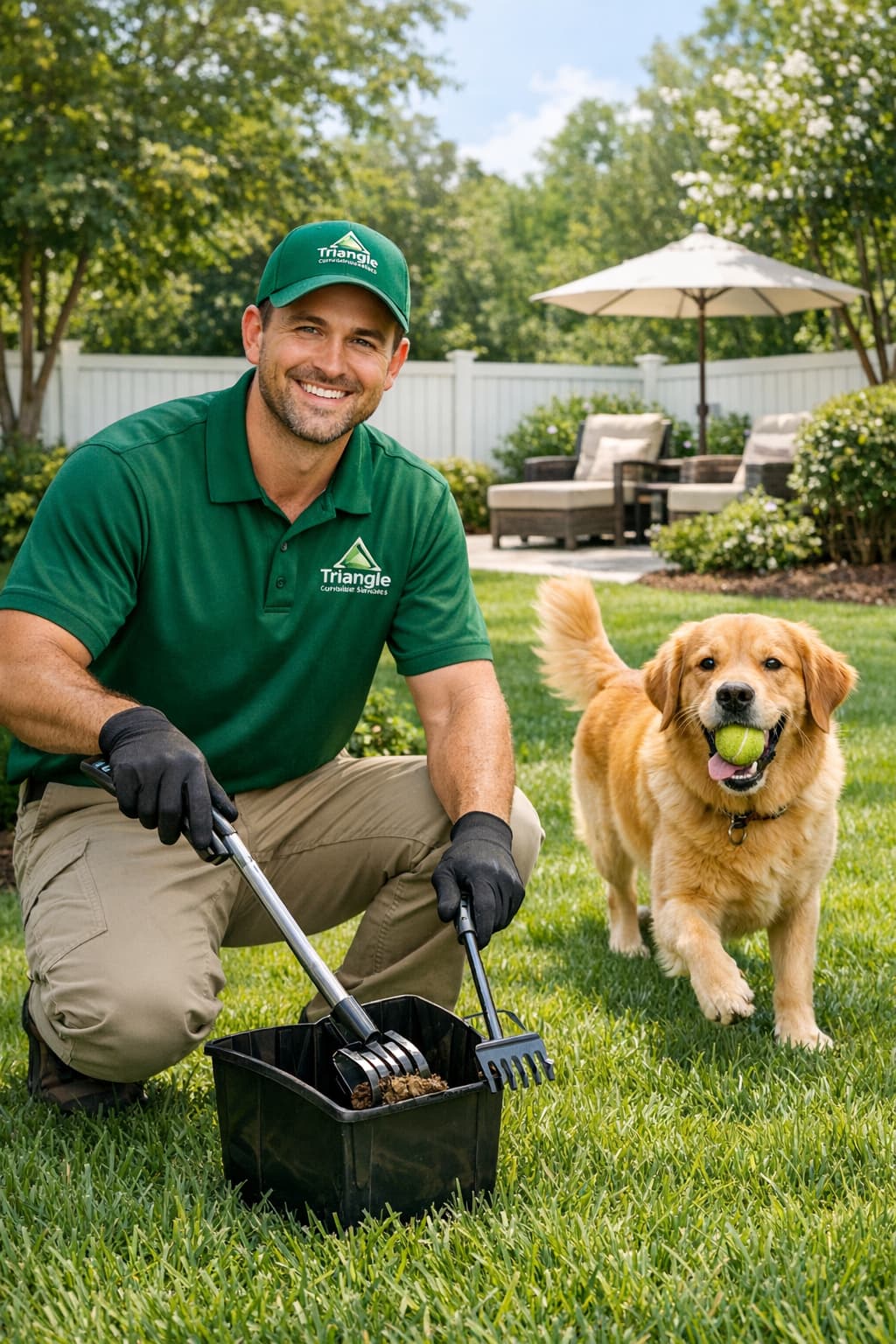 Triangle Curbside Services technician cleaning a backyard with a happy dog nearby