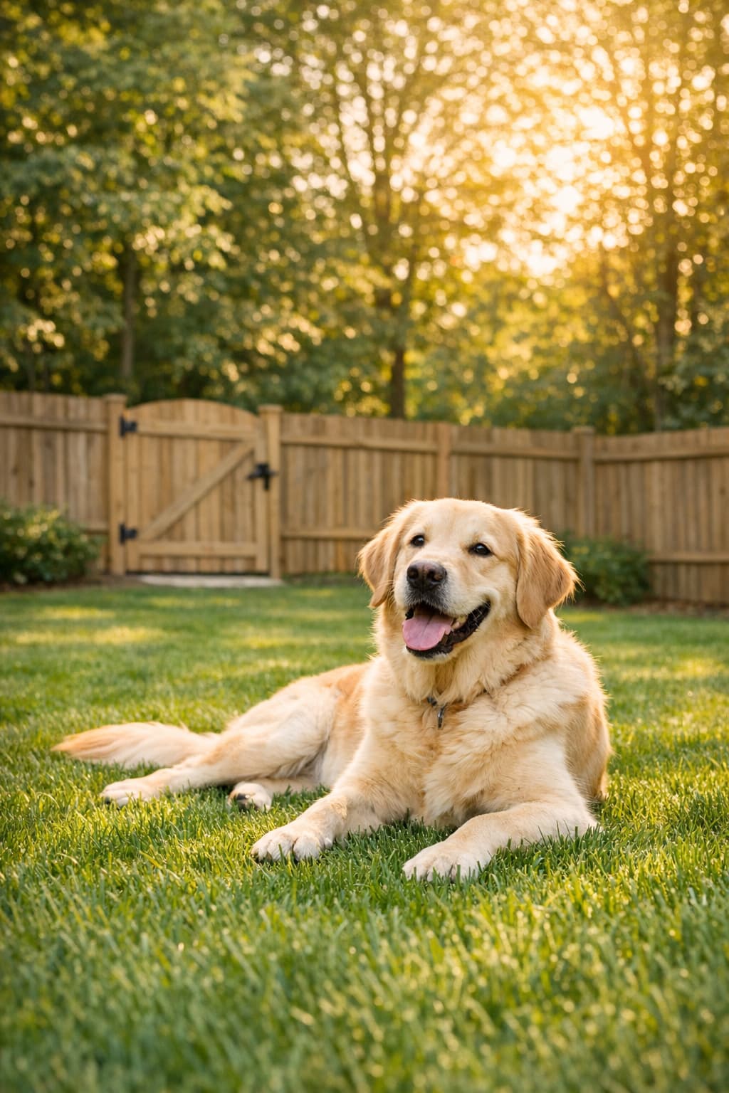 A happy dog relaxing in a clean, sunny backyard with a closed gate in the background