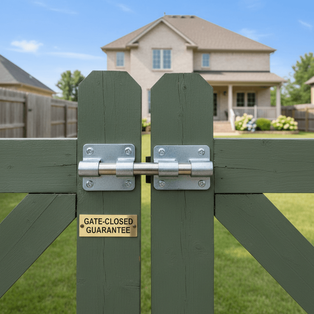 Securely closed backyard gate in a residential yard, conveying safety