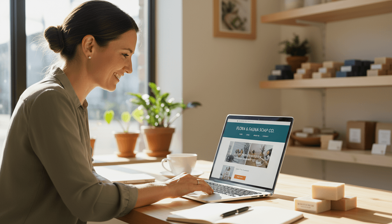 Small business owner reviewing their new website on laptop screen at wooden desk in local shop