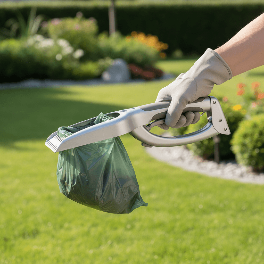 Gloved hand holding pet waste removal tool with full bag in sunny residential backyard