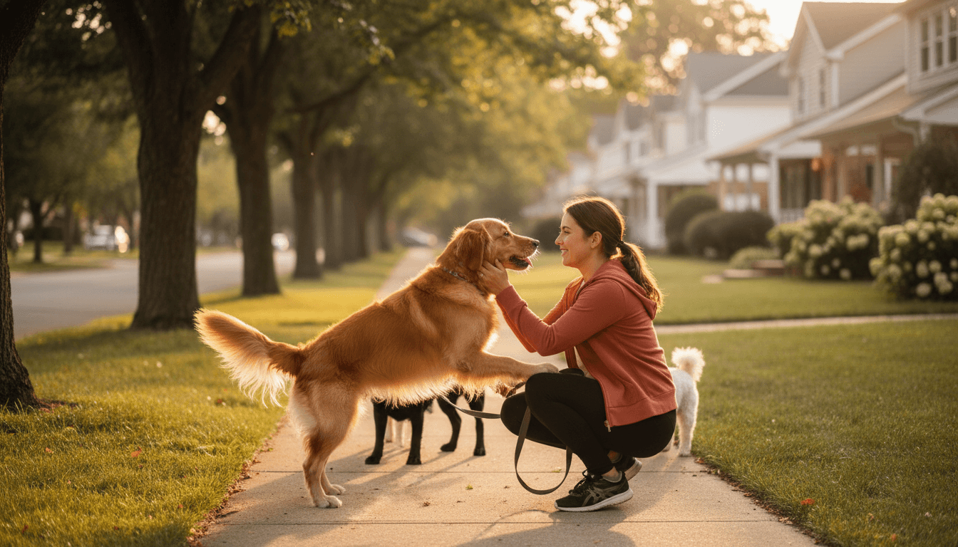 Dog walker crouching to greet excited Golden Retriever on tree-lined residential street in golden afternoon light