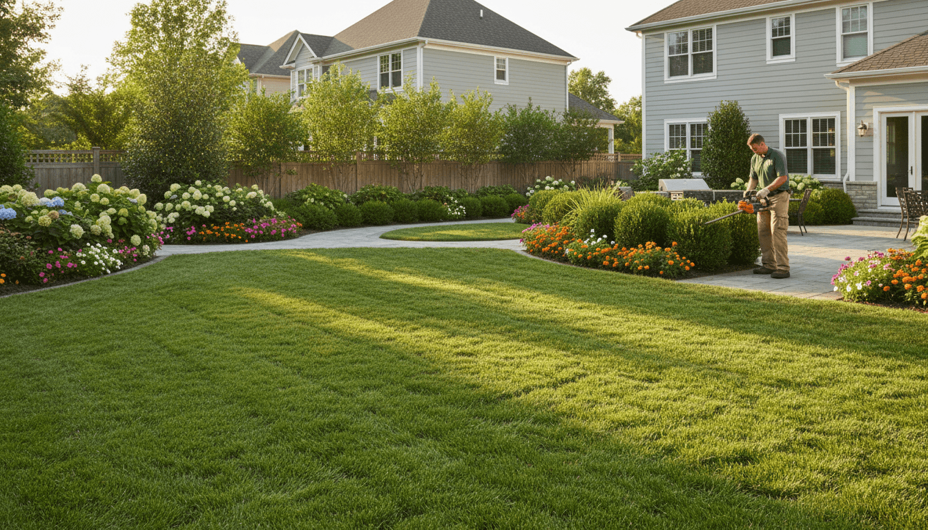 Professional landscaper maintaining residential backyard with perfectly manicured lawn, trimmed shrubs, and organized landscape beds in natural sunlight