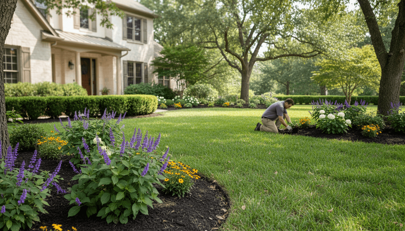 Professionally maintained residential front yard with manicured lawn, landscaping, and flowering plants showing property transformation