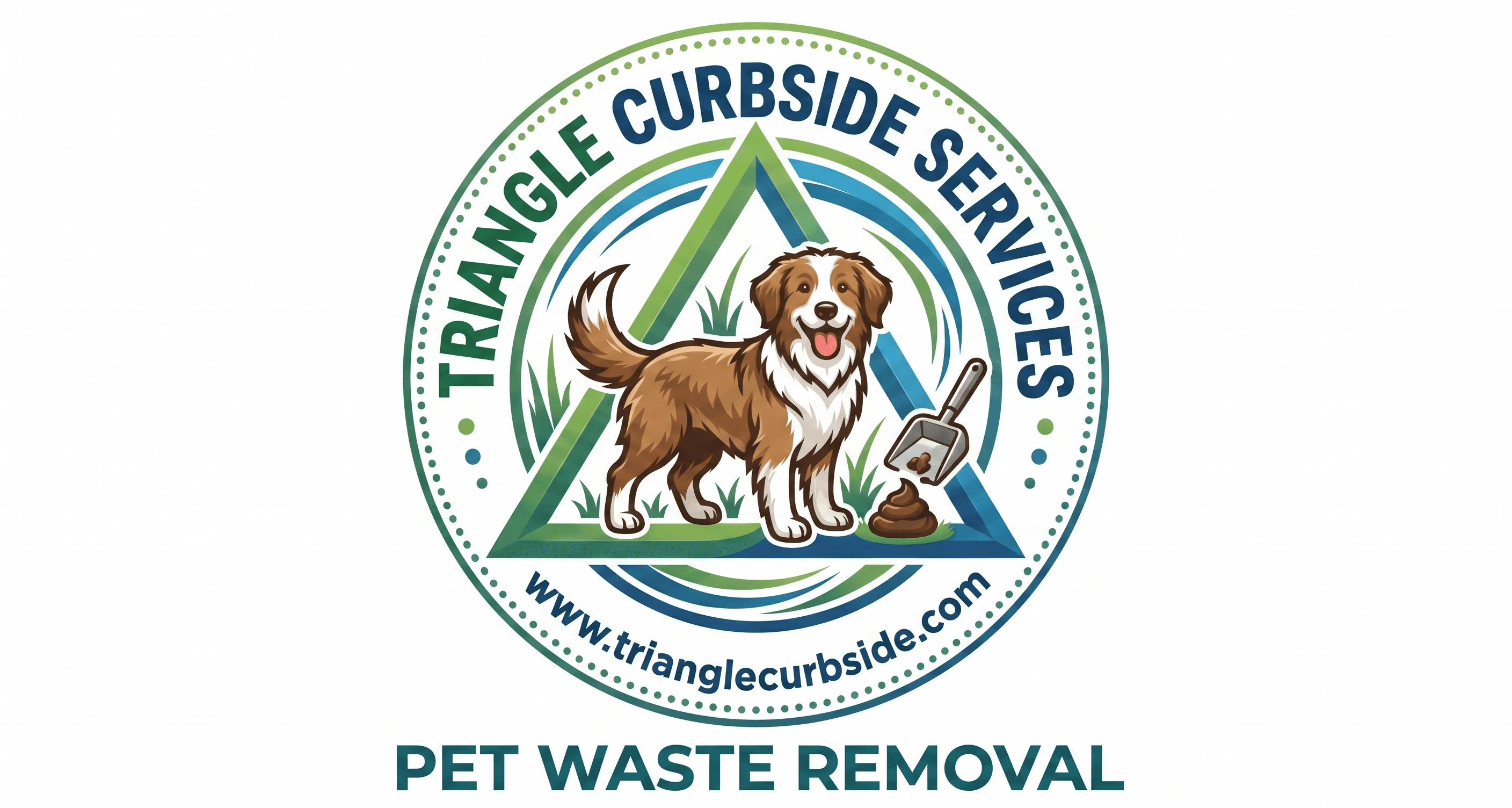 Triangle Curbside Services logo featuring a brown dog, a triangle, and pet waste removal tools.